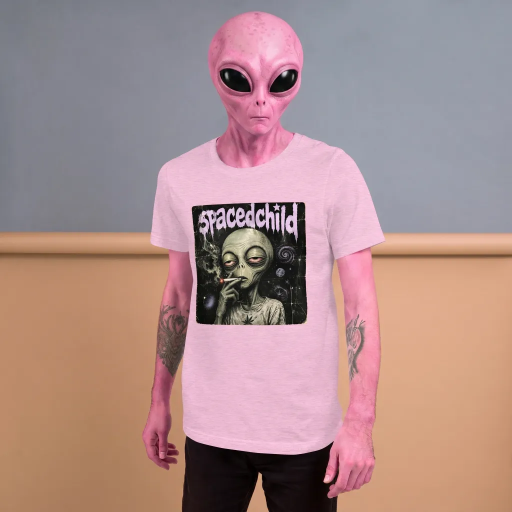 SPACEDCHILD official t-shirt in heather pink, worn by a pink alien specimen