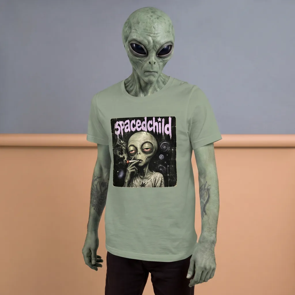 SPACEDCHILD official t-shirt in heather sage, worn by a green alien specimen